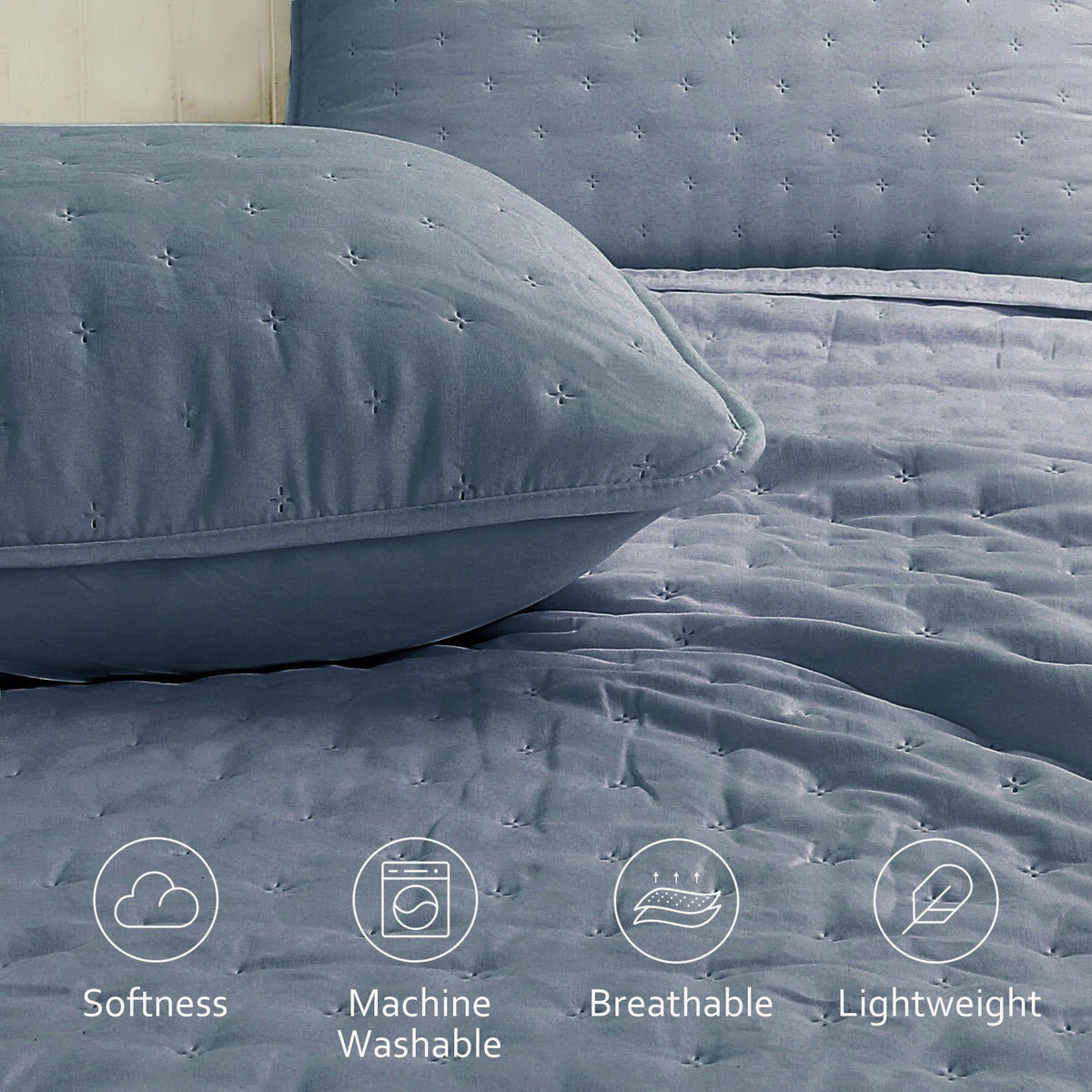 Dusty Blue Quilt Bedding Set, California Lightweight Soft Bedspread, Farmhouse Rustic