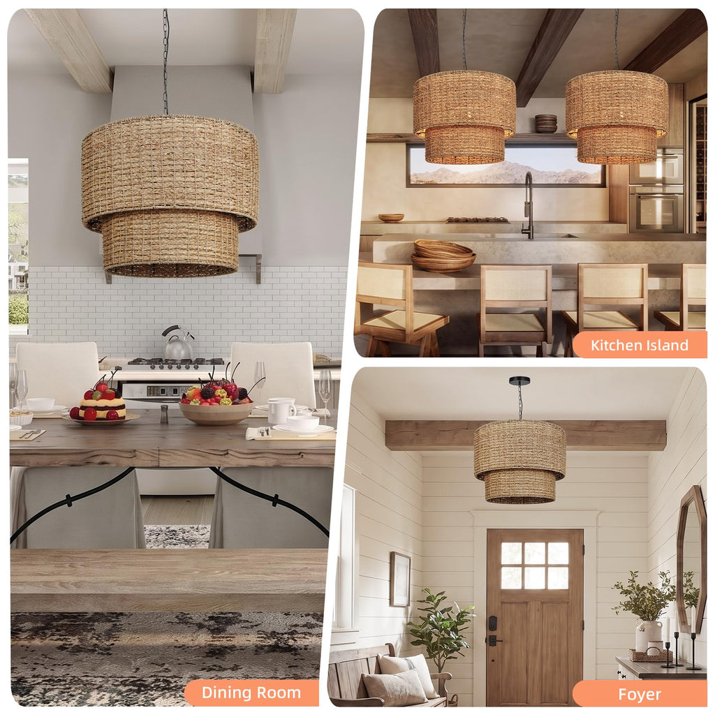3-Light Boho Large Rattan Chandelier Light Fixture