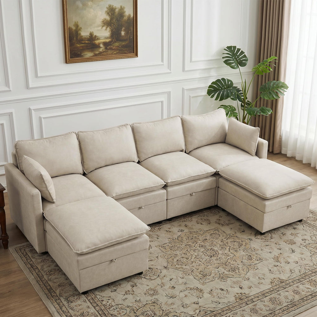 105" Beige Faux Leather Storage 4 Seater Sofa with 2 Ottomans, Comfy Couch