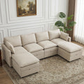105" Beige Faux Leather Storage 4 Seater Sofa with 2 Ottomans, Comfy Couch