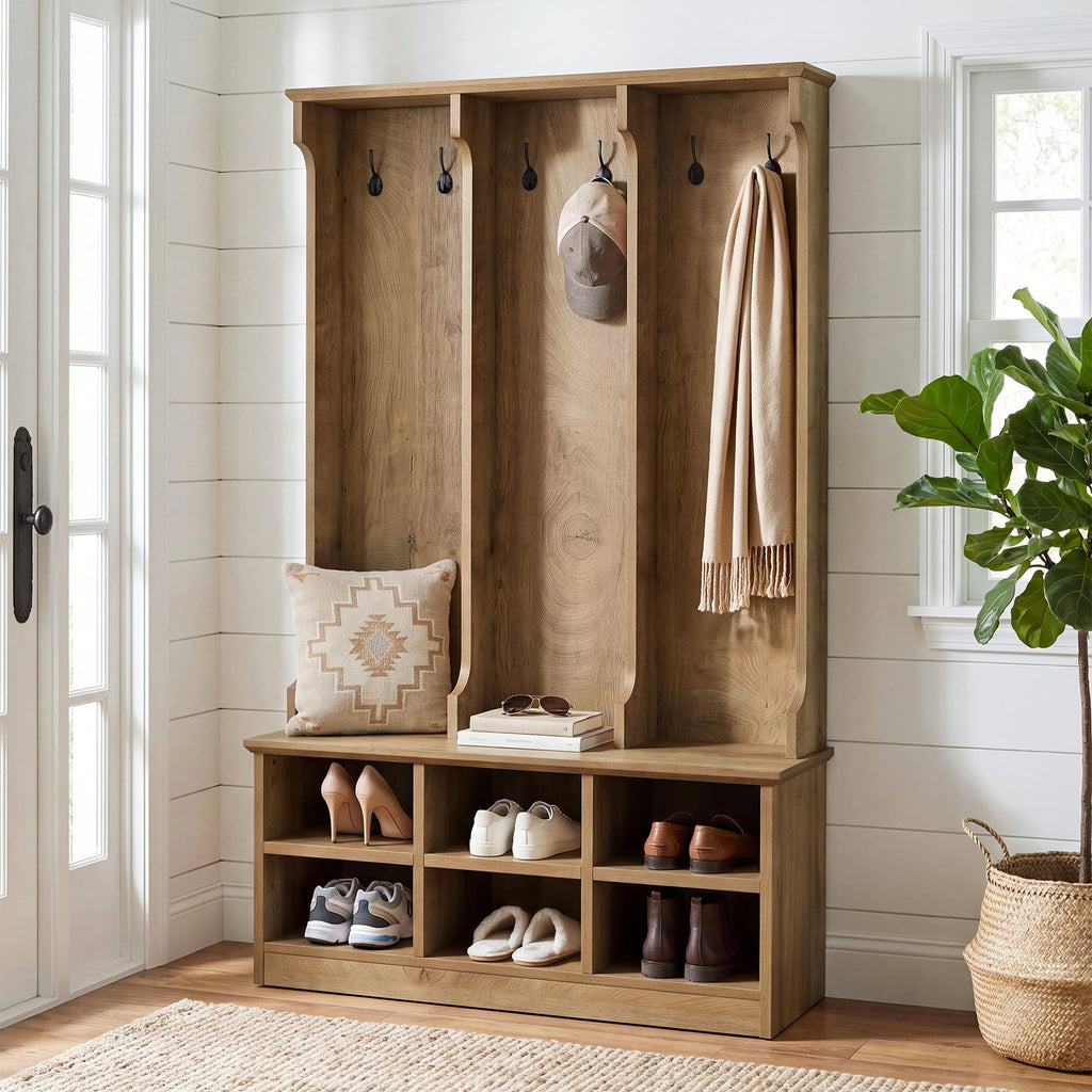 Hall Tree with Bench and Shoe Storage, Rustic Oak