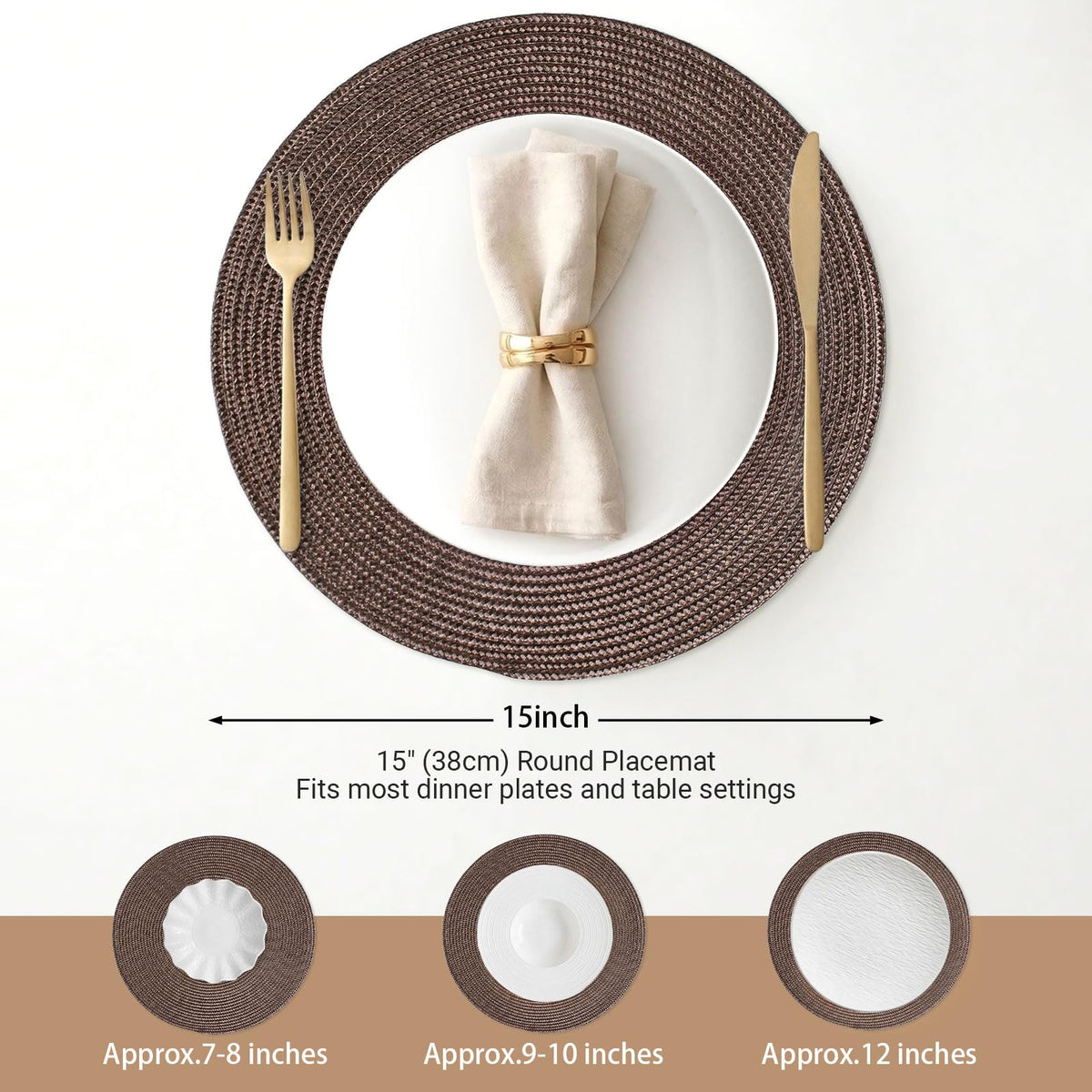 Round Braided Placemats Set of 4 Table Mats for Dining Tables Woven Washable Non-Slip Place mats 15inch (Brown, 4pcs)