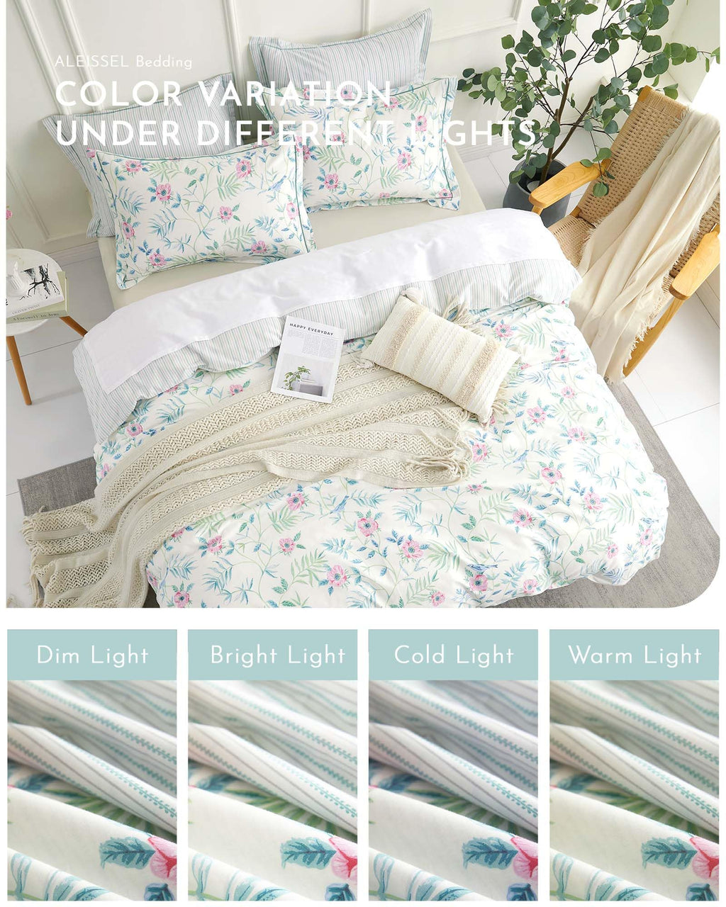 Fresh White & Aqua Botanical Cotton Duvet Cover Set 3PC