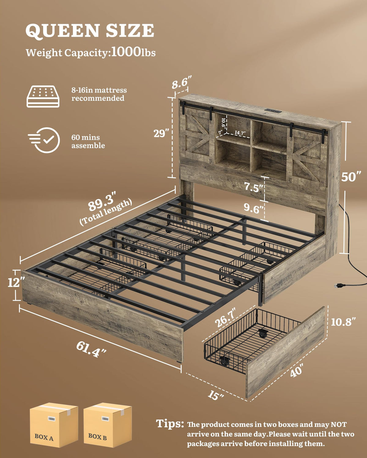 Farmhouse Bed with 50" Tall Storage Bookcase Headboard