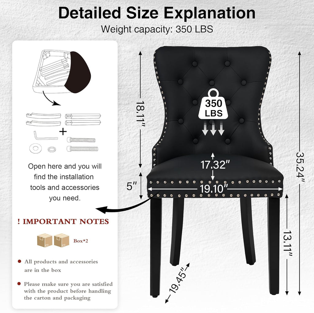 PU Leather Dining Chairs Set of 4, Tufted Upholstered Dining Room Chair with Solid Wood Legs and Pull Ring, Black