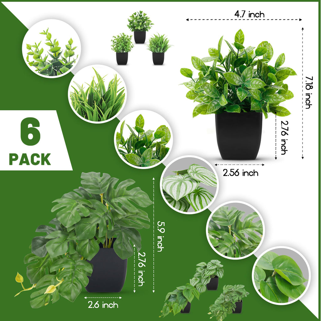 6Pcs Small Faux Plants Indoor with Black Pots Decor