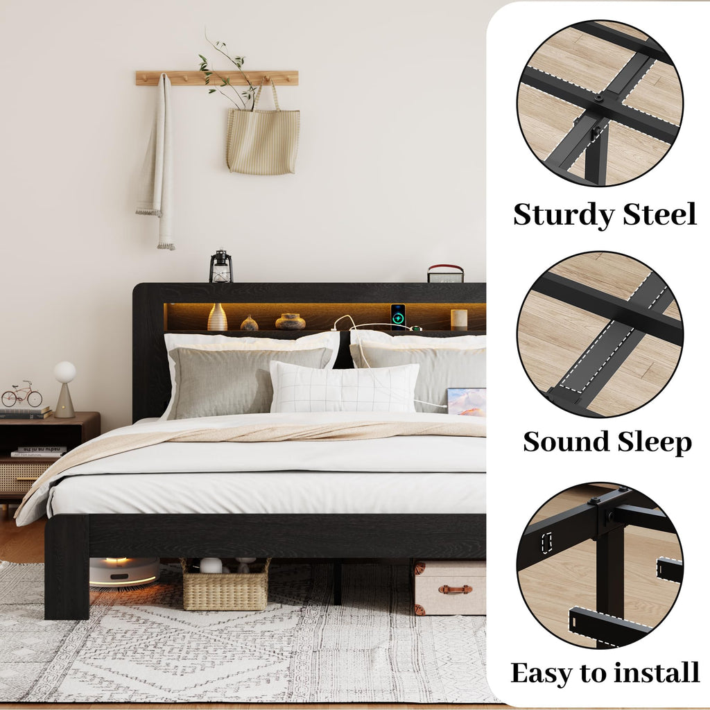 Wooden Bed Frame with Storage Headboard Farmhouse Bed Frame
