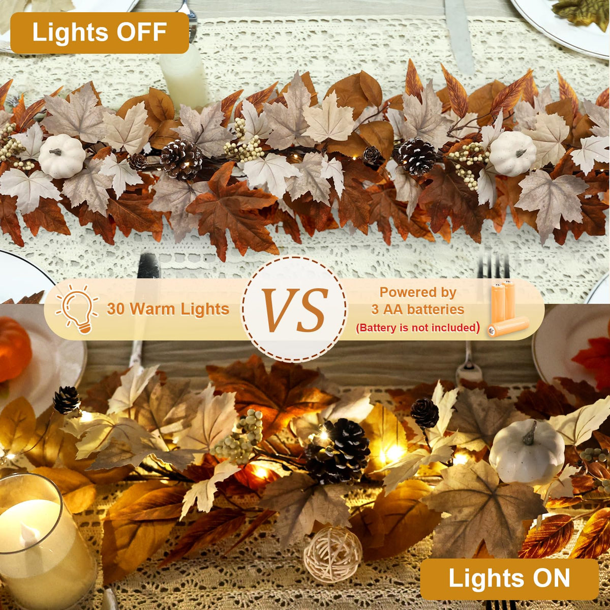 6 FT Lighted Fall Garland with Lights Pumpkins Automatic ON/Off