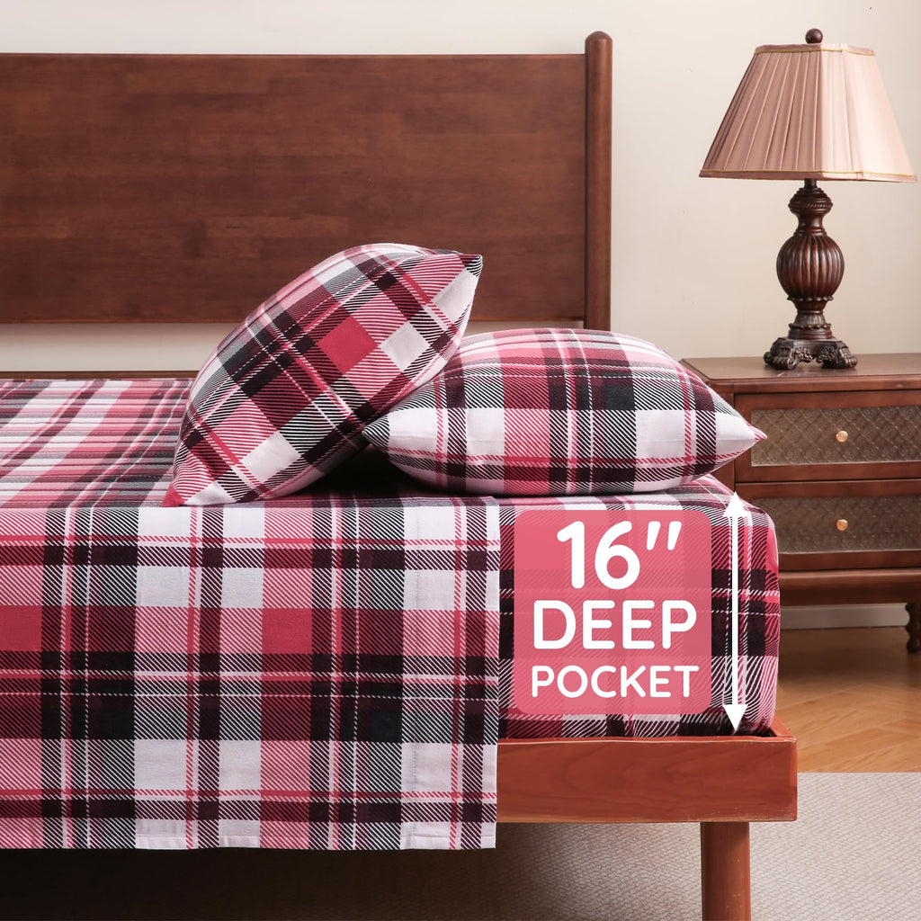 100% Cotton Flannel Sheet Set, Heavy-Duty Fluffy Flannel Design 4 Pieces, Thermal Lock Technology, 16 inch