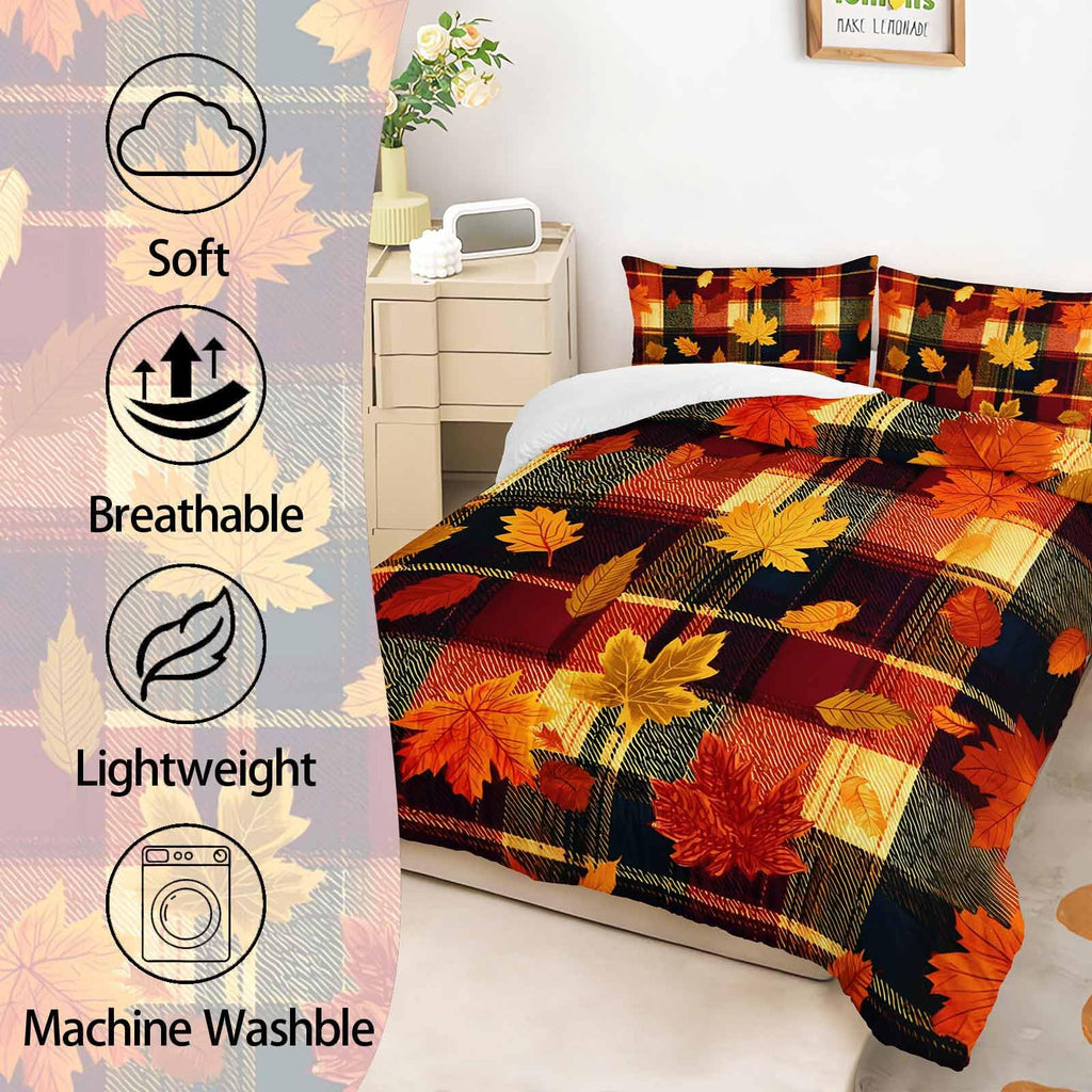 Autumn Maple Plaid Bedding Set 3 Piece, 1 Comforter + 2 Pillowcases, Orange Red Leaves Black Tartan Checks