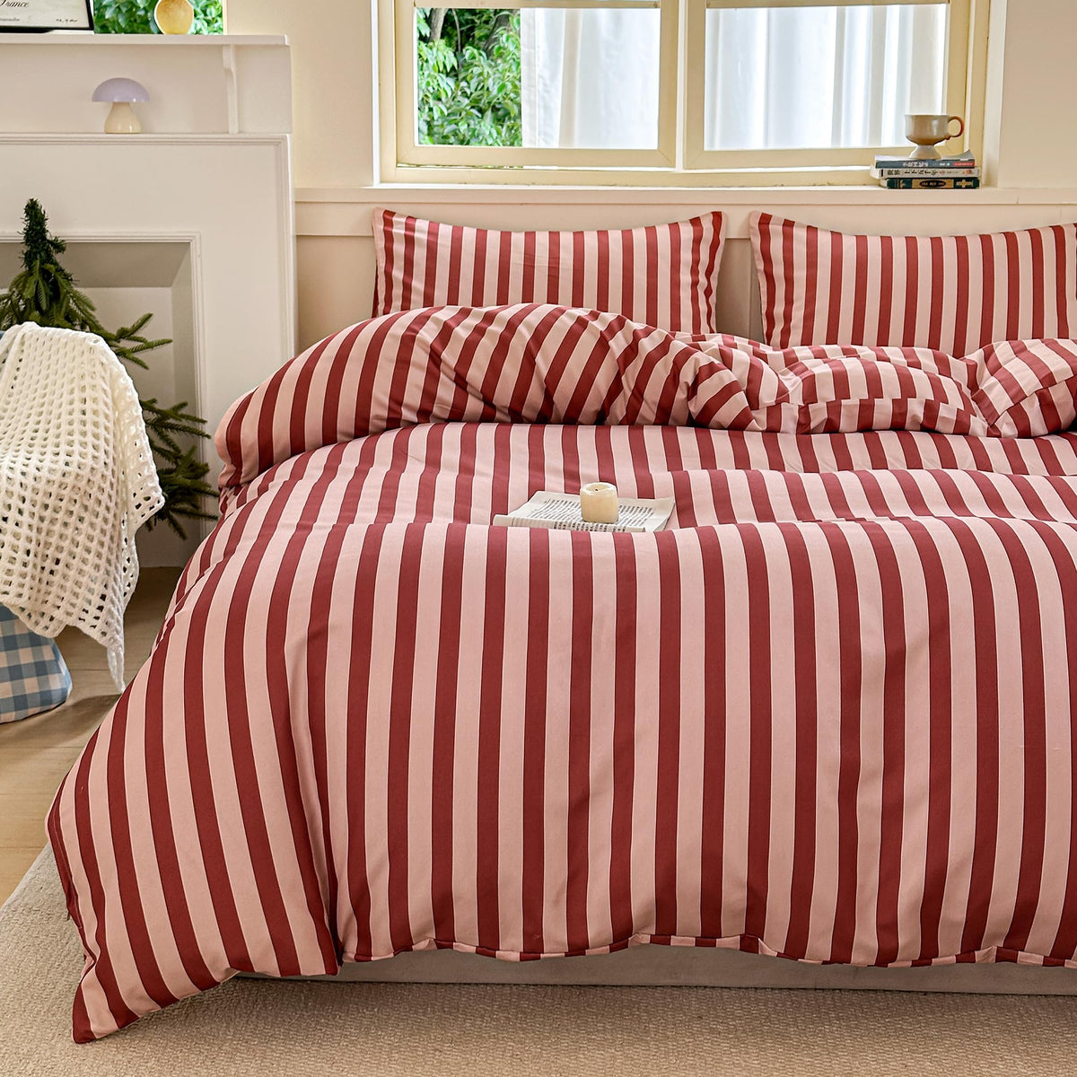 Dark Red Striped Duvet Cover Set