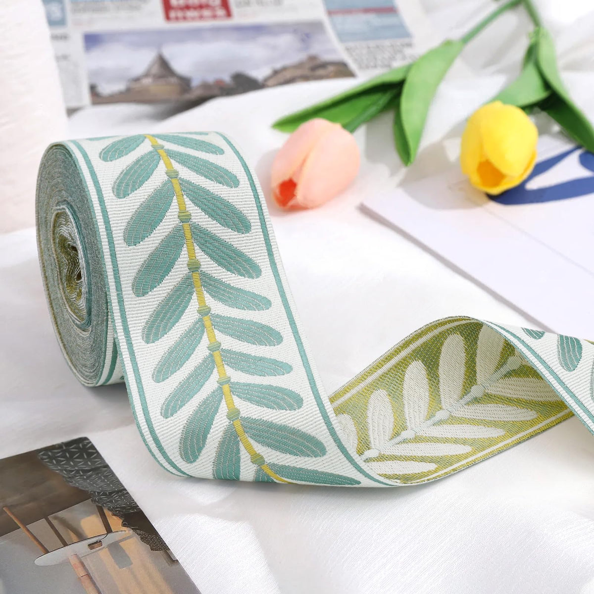 Jacquard Ribbon Fabric Trim 2.4 Inch Leaf Pattern Jacquard Woven Embroidery Decorative Ribbon for DIY - 10.9 Yards