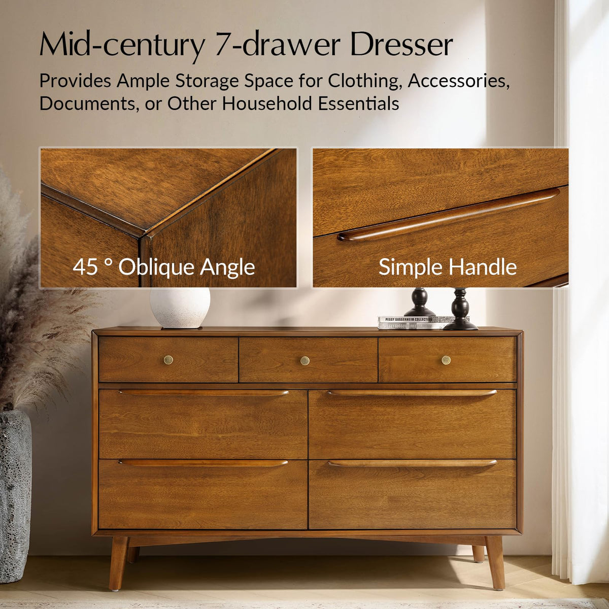 7 Drawer Dresser, 52" Wide Mid-Century Modern Chest of Drawers with Built-in Drawer Dividers, Wooden Bedroom Drawer