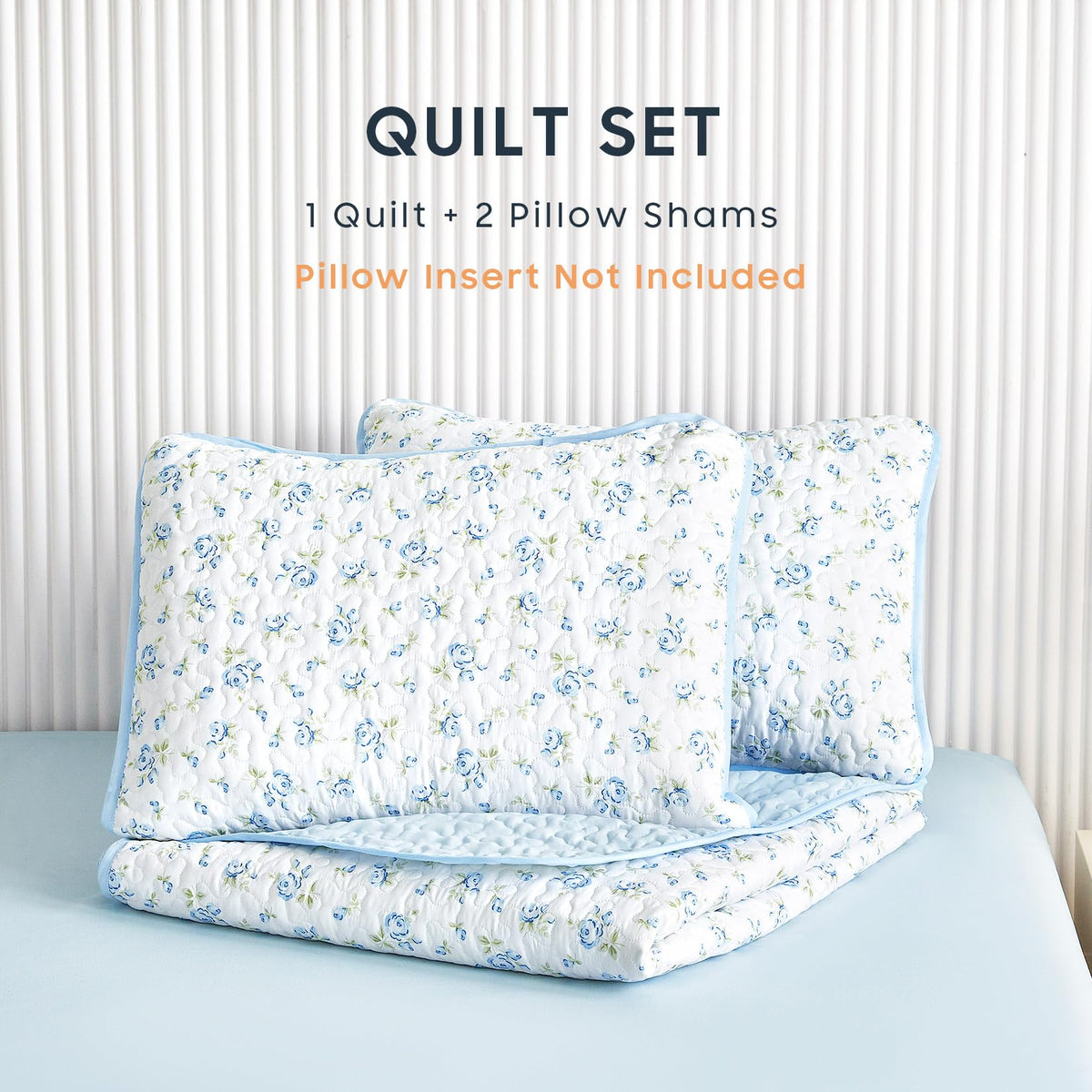 Floral Quilt Set, White Blue