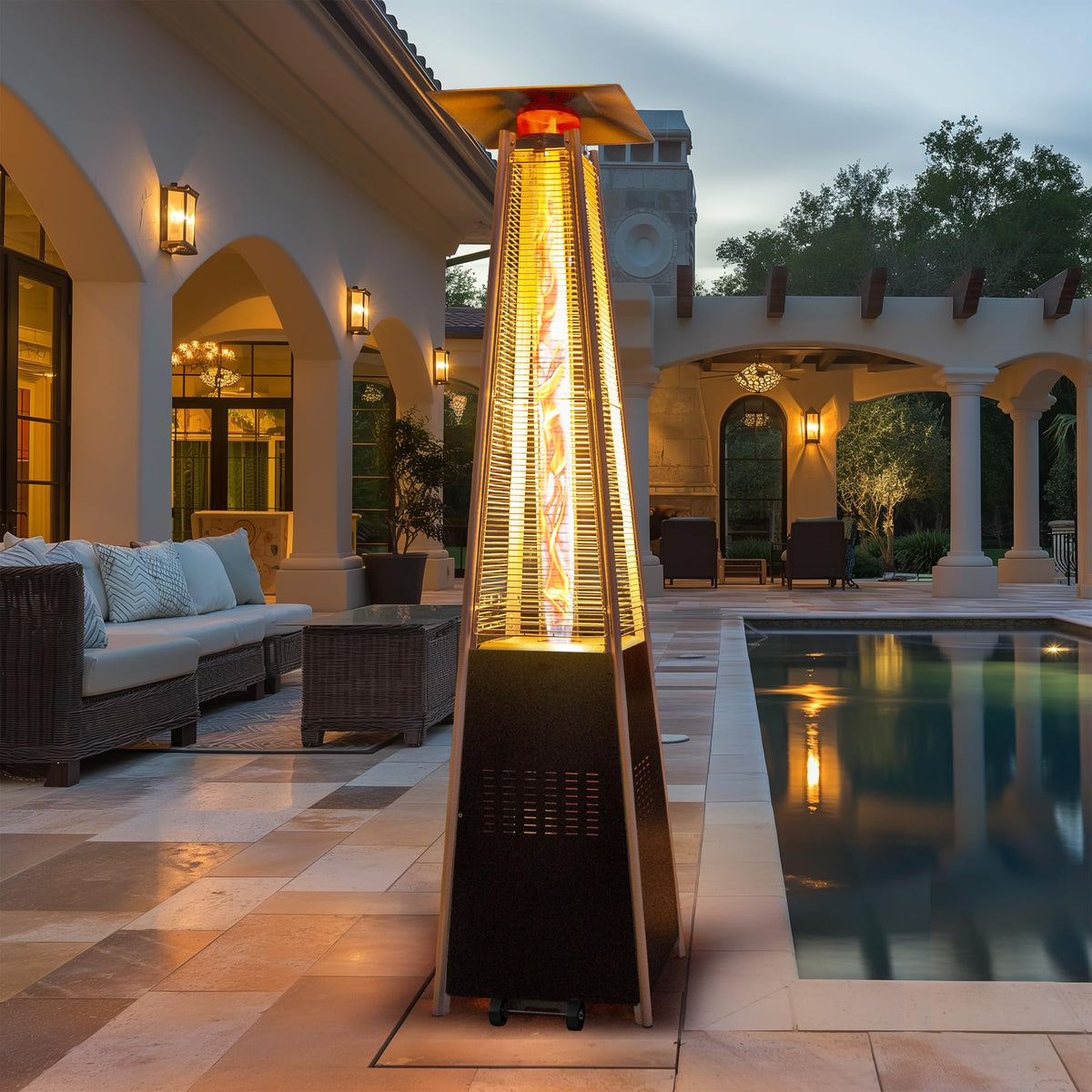 Flame Pyramid Pool Heater, Triple Safety Protection with Patio Cover, Warm Glass Tube Portable Heater with Durable