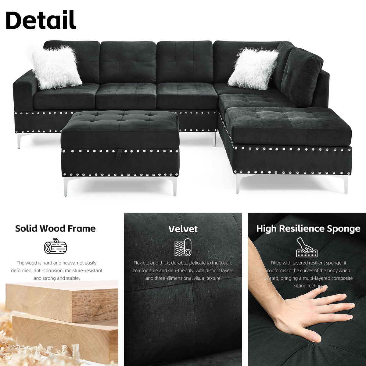 108'' Sectional Couches, Modular 5-Seater Couch Sofa with Reversible Chaise & Cup Holders, L-Shaped Corner Sofa with
