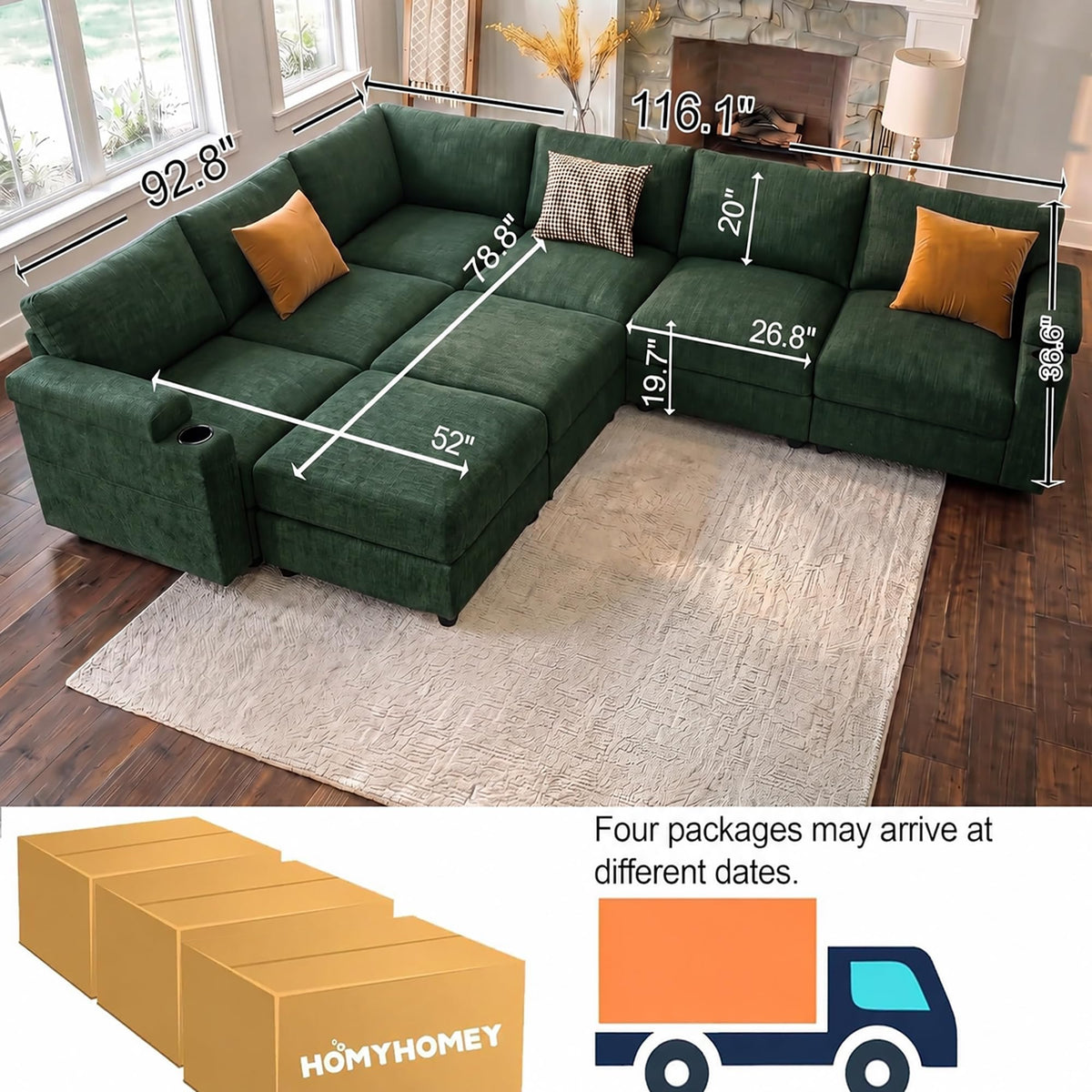 Sectional couches, Oversized Modular Cloud U Shaped Couch, FSC Certified Chenille, Removable Chaise Sofa (Green, U
