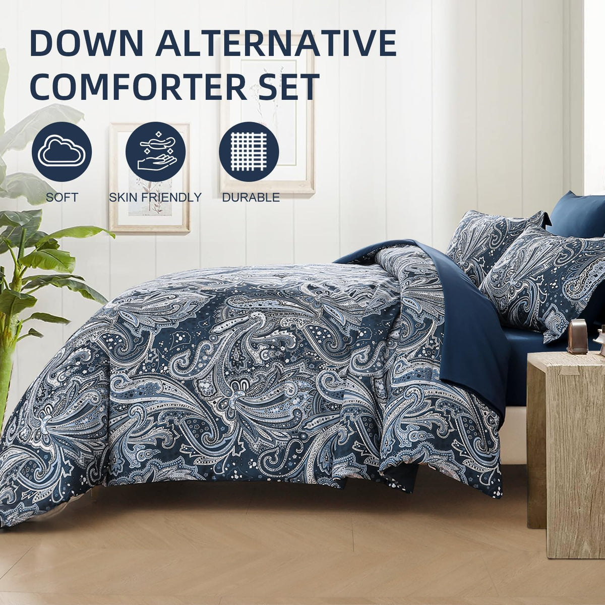 Navy Paisley Comforter Set King Size 7 Piece Bed in a Bag