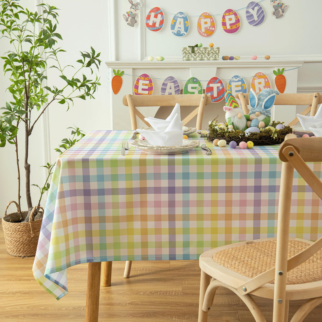 Easter Sunday Spring Plaid Tablecloth - Colorful Rectangular 58x102 Inch Water Resistant Table Cloth for