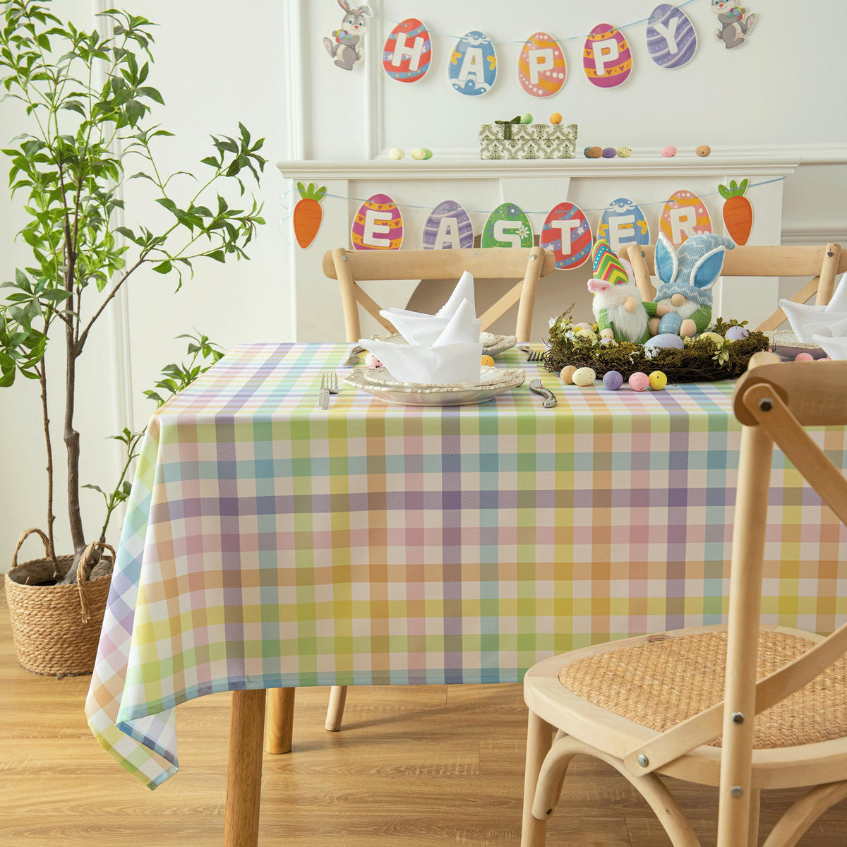 Easter Sunday Spring Plaid Tablecloth - Colorful Rectangular 58x102 Inch Water Resistant Table Cloth for