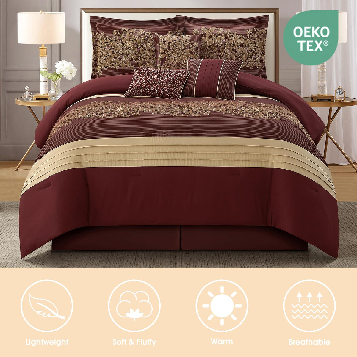 Red Gold Comforter Set, Damask Jacquard with Matching Solid Piece Work, 7 Piece Soft Bedding Set for All