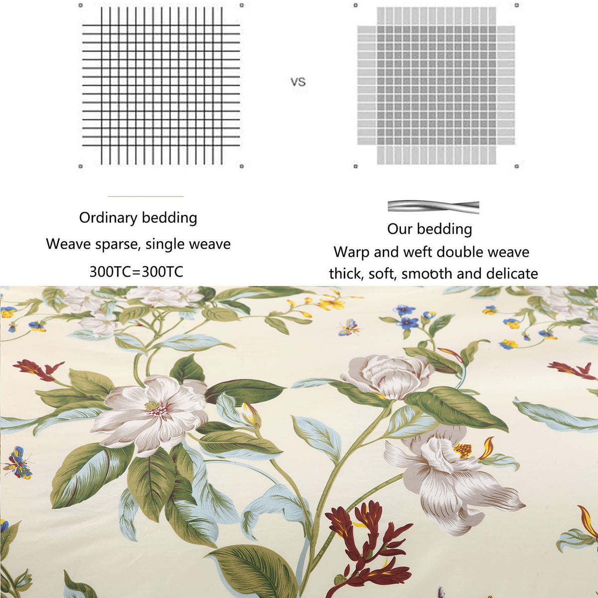 Floral Duvet Cover Set 100% Cotton Green and Beige Striped Shabby Flower Bedding Branches Botanical Printed