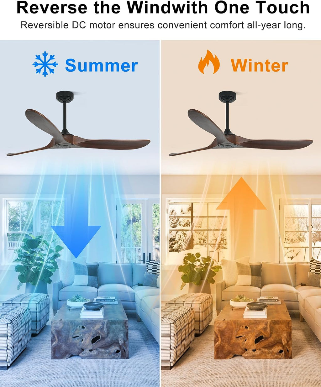 60" Solid Walnut Wood Propeller Ceiling Fan No Light with Remote