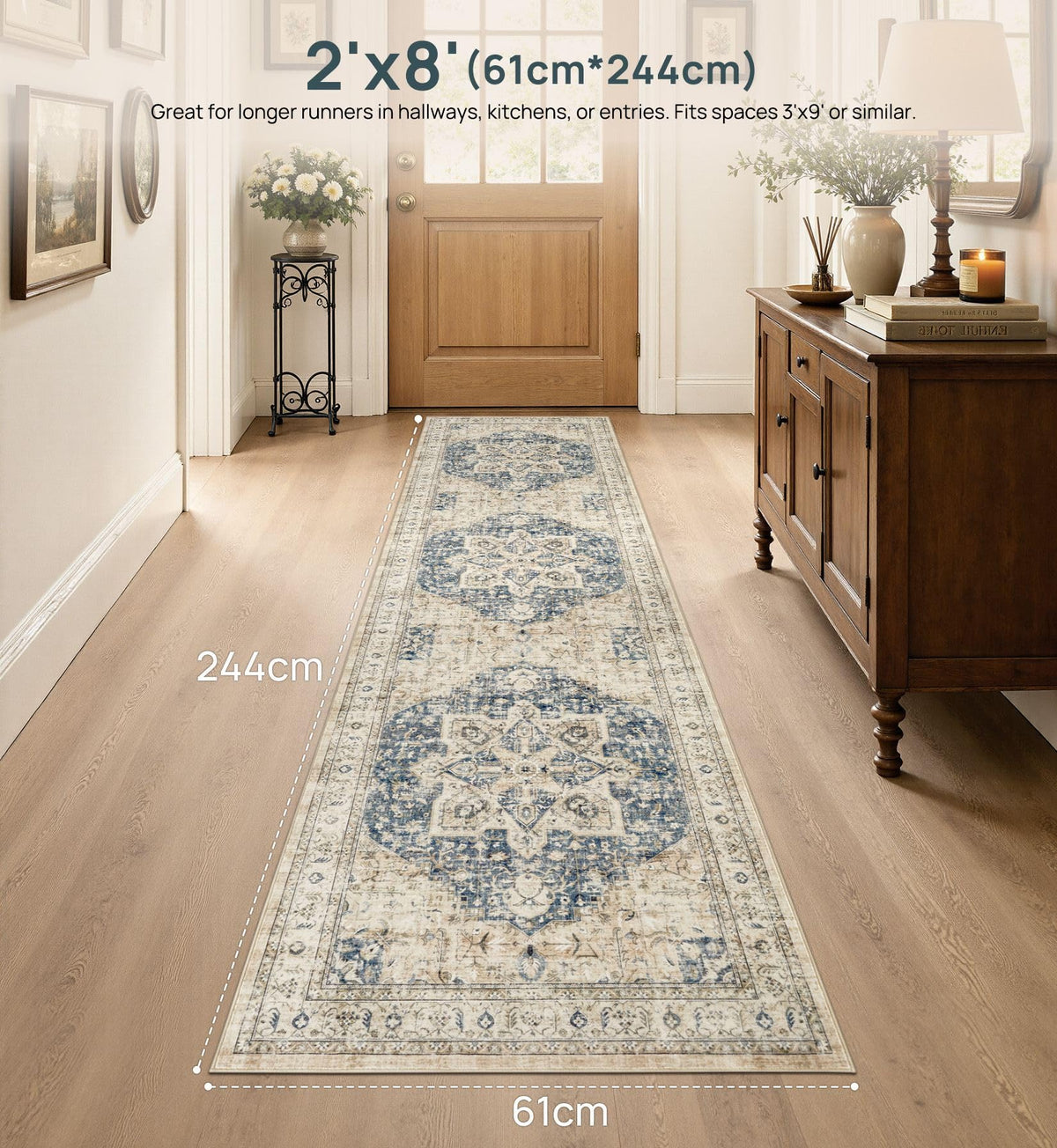 Area Rug 2x8 Runner Rugs - Washable Vintage Oriental Farmhouse Thin Indoor Carpet Bedroom Hallway Entryway Kitchen