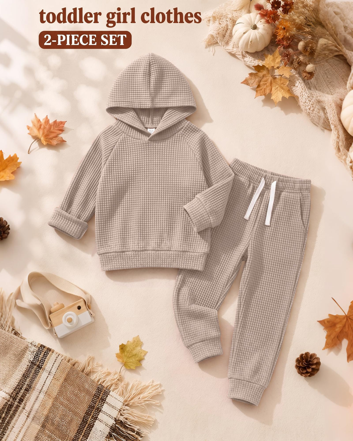 Toddler Girl Waffle Sweatsuit Fall Outfit 2 Pcs Set Mocha