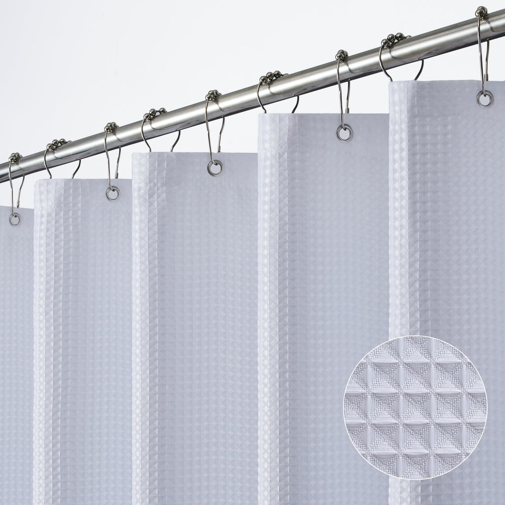 White Extra Long Shower Curtain 96 Inch Length, Waffle Weave Shower Curta Luxury Spa, Waterproof Fabric Bathroom