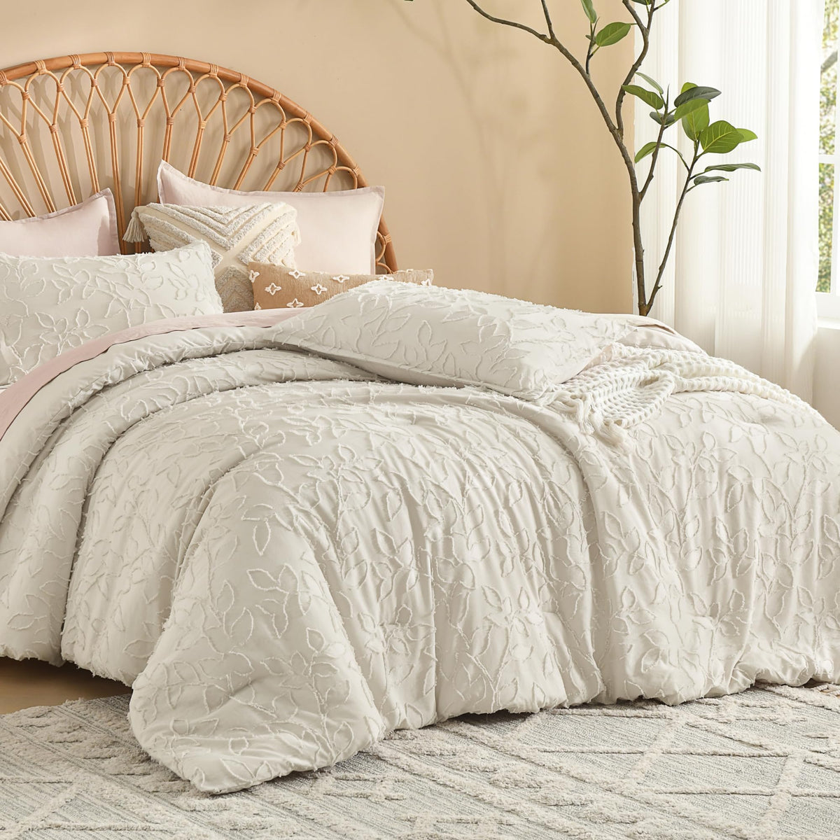 California King Comforter Set, 3PCS Beige Cream Boho Bedding