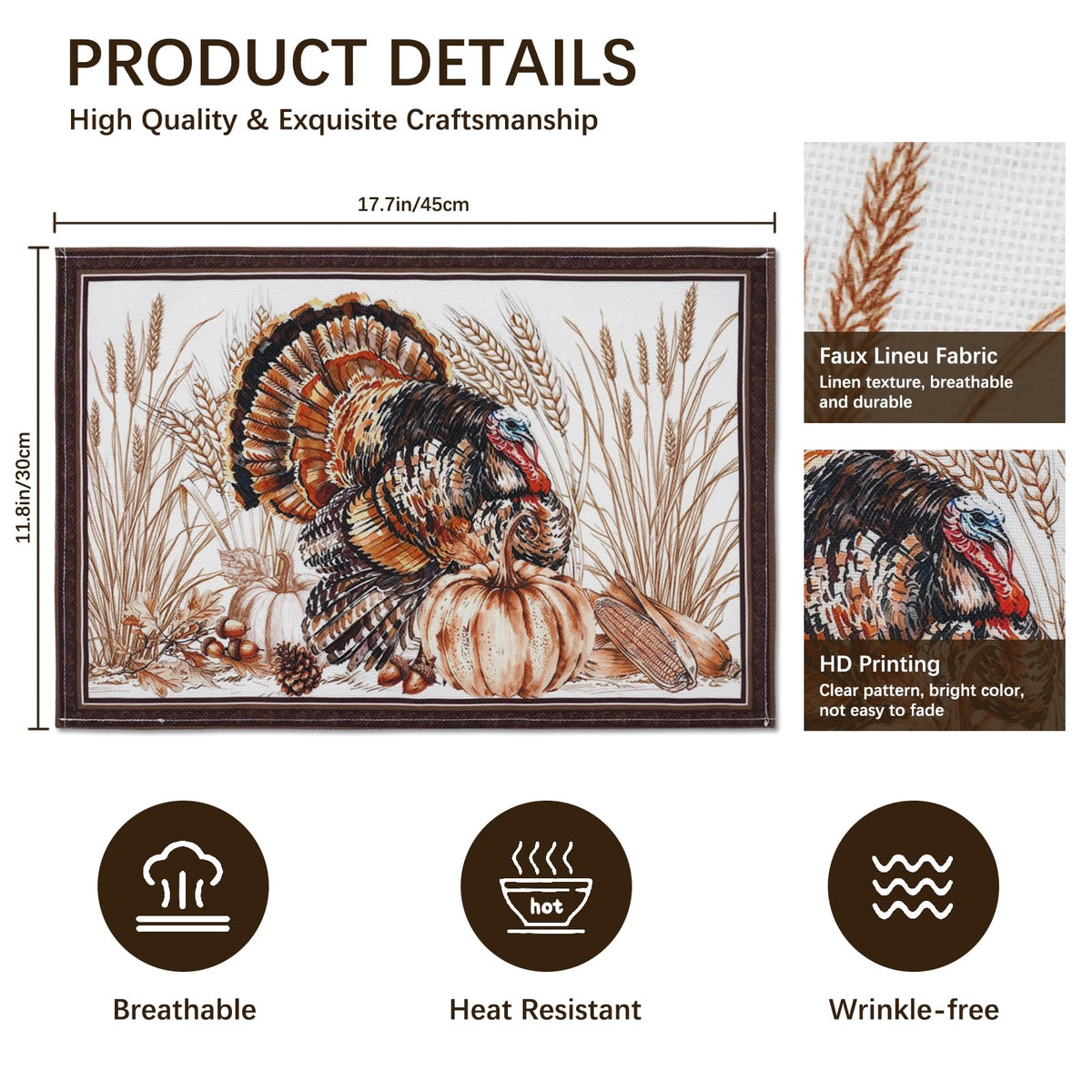 Thanksgiving Placemats 12 x 18 Inch Set of 6, Fall Autumn Harves Turkey Pumpkin Place Mats for Dining Table