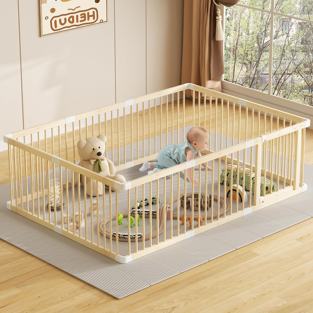 Wooden Baby Playpen, 56x83x24In Gate for Toddler and Babies