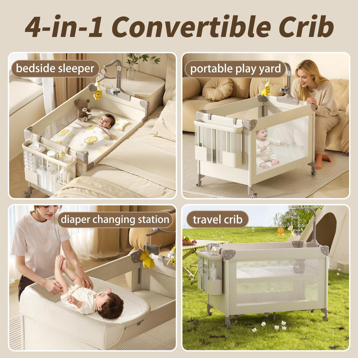 4-in-1 Play Yard with Bassinet Bedside Sleeper for Baby Playard