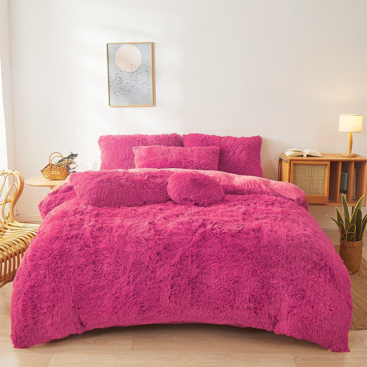 Fluffy Faux Fur hot Pink Comforter Cover Set - Ultra Soft Plush Bedding Sets 3 Pieces (1 Fluffy Duvet Cover + 2