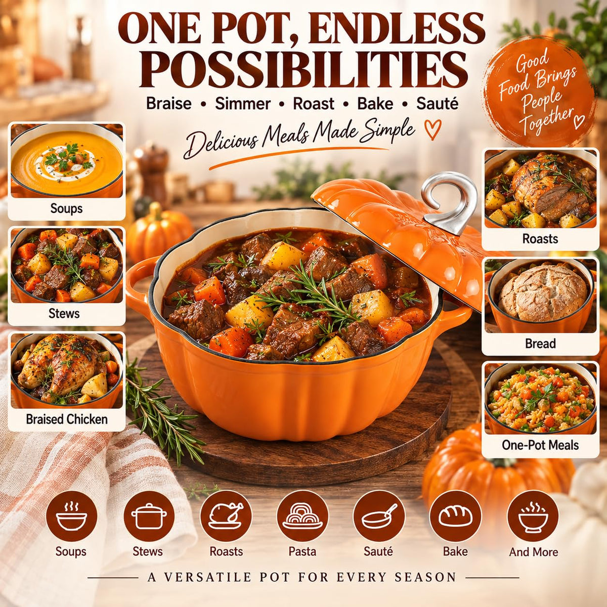 Pumpkin Dutch Oven Pot with Lid, Non-stick Enamel Cast Iron Dutch Oven, 3.5QT Pumpkin Cocotte with Cast Iron Knob