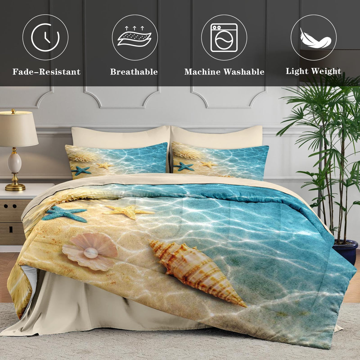 Comforter Set with Sheets, 7 Pieces Summer Beach Bedding