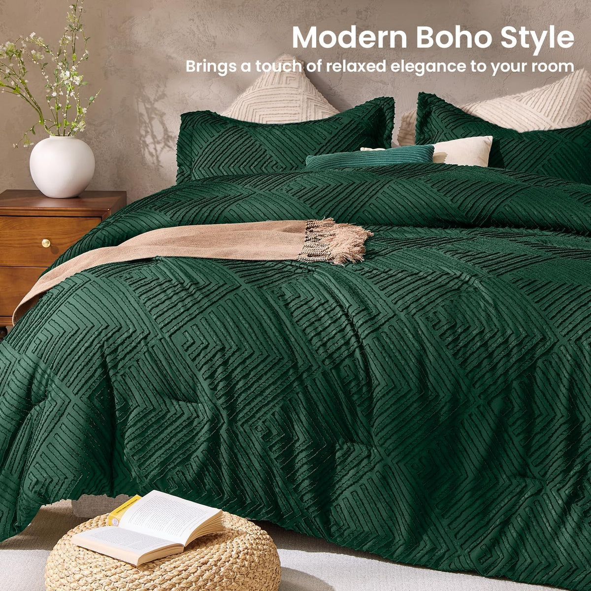 Comforter Set, Boho Tufted 3-Piece Bedding Set, Green