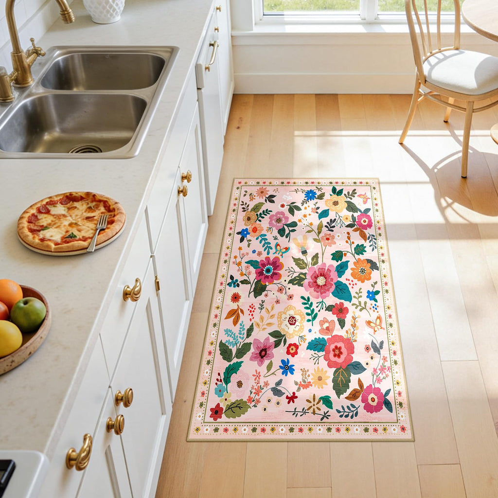 Floral Washable 2x4 Area Rugs Runner Entryway Hallway Pink