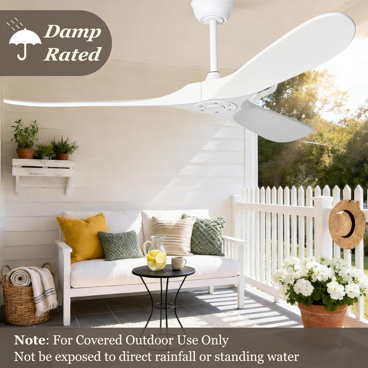 72" White Outdoor Ceiling Fan with Remote, No Light