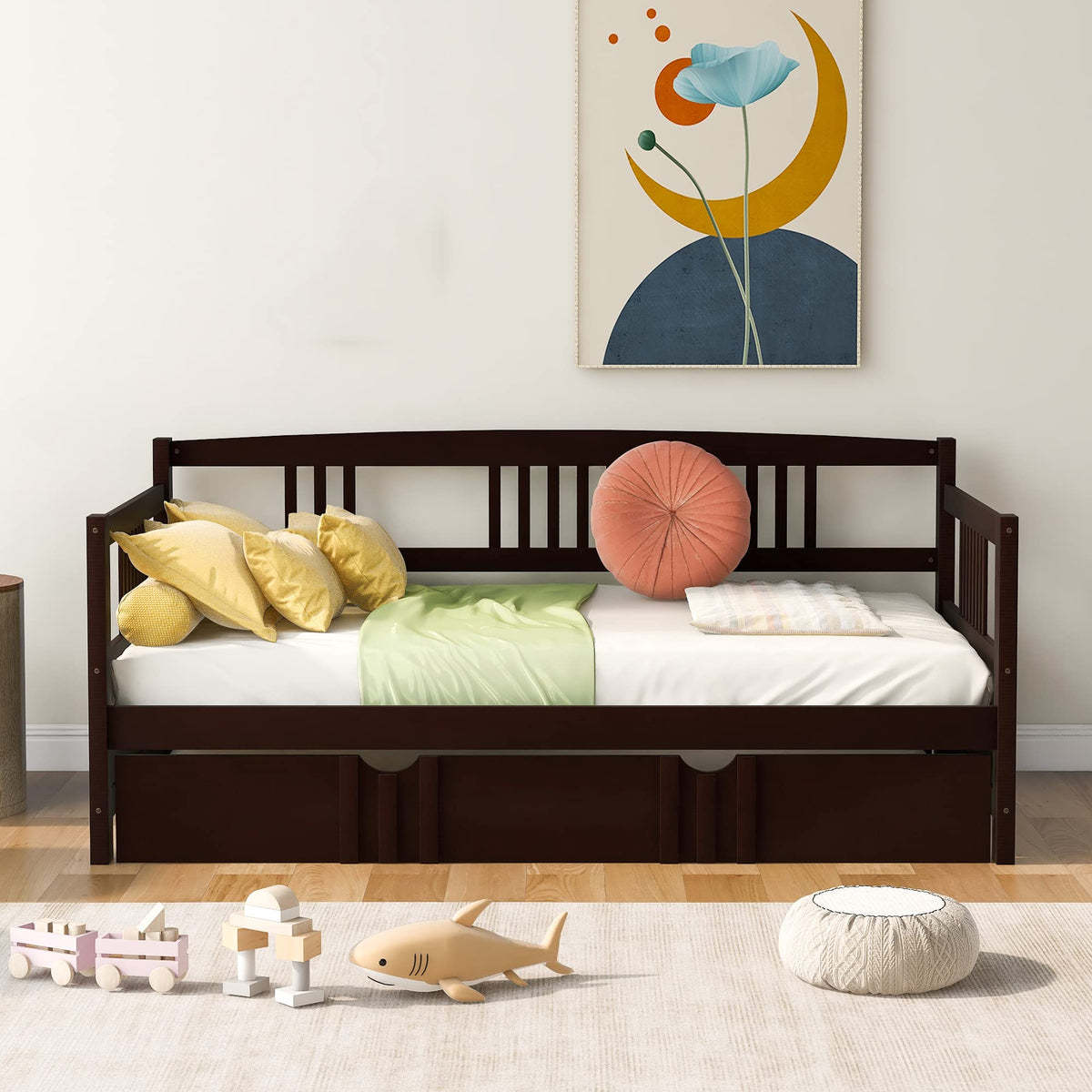 Daybed with Trundle Bed Wooden Slats Support Modern Living Daybed with Rails, Twin Size, Espresso