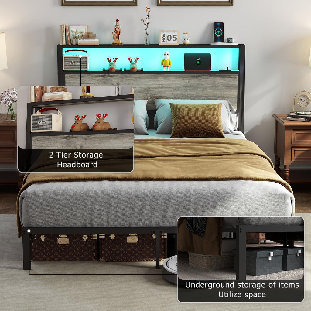 Bed Frame with 2-Tier Storage Headboard, Rustic Grey