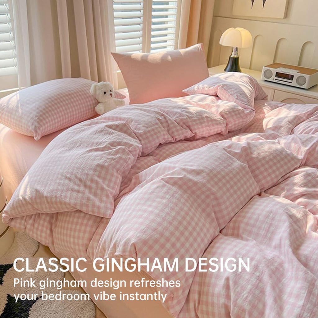 Pink Gingham Duvet Cover Set, Plaid Checkerd Bedding Set