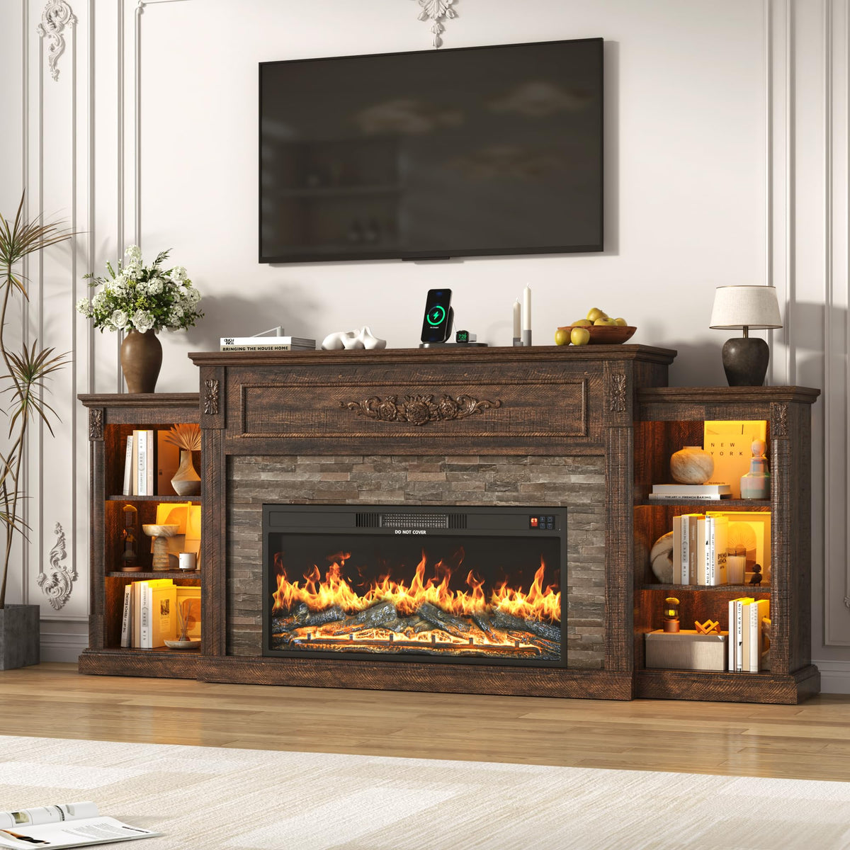 85" Electric Fireplace with Mantel, Rustic Brown