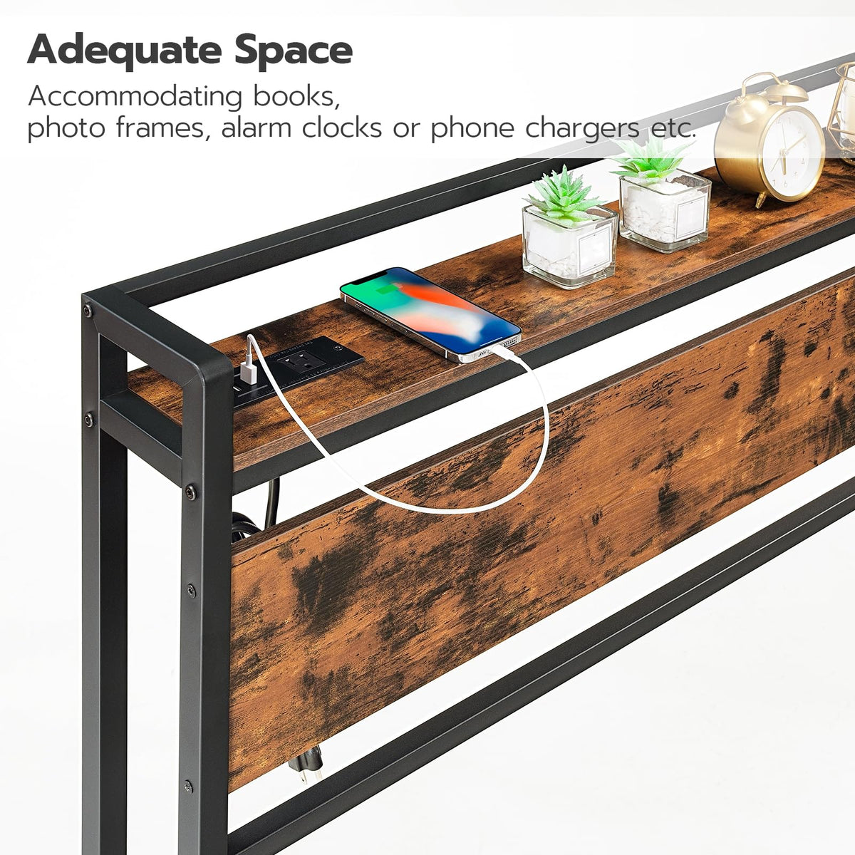 Headboard, Headboard with 2 Outlets and 4 USB Ports, Adjustable Height, Storage Rack, Sturdy and Stable