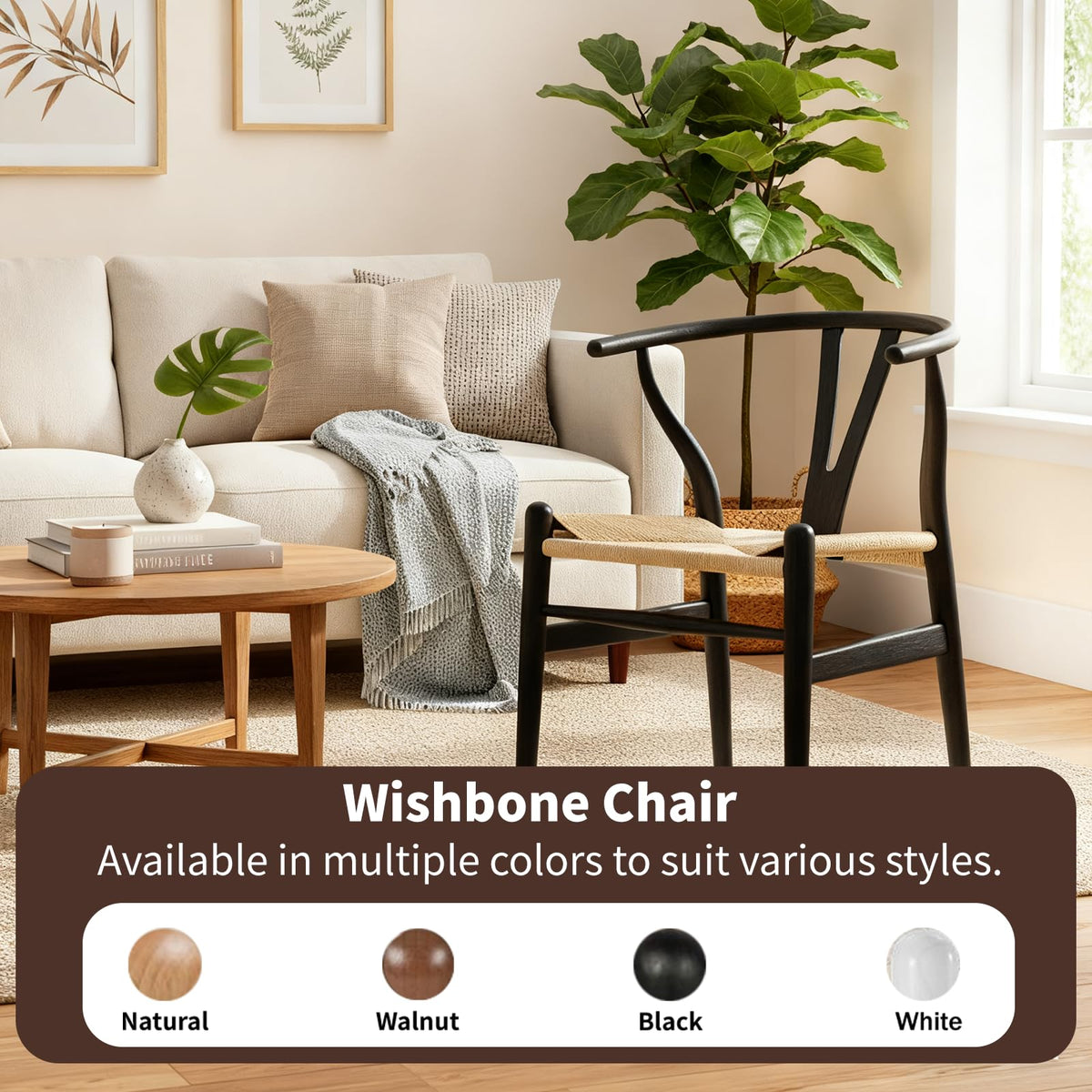 Wishbone Chairs Set of 2, Dining Chairs (Black Frame + Natural Cord)