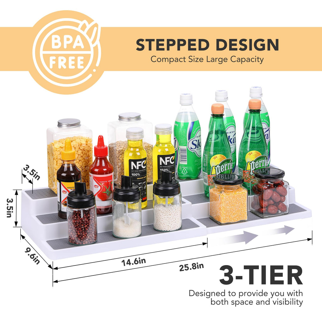 3 Tier Expandable Spice Rack Organizer, White/Grey Plastic Spice Rack, Adjustable Length 14.6In-25.8In, 2 Pack