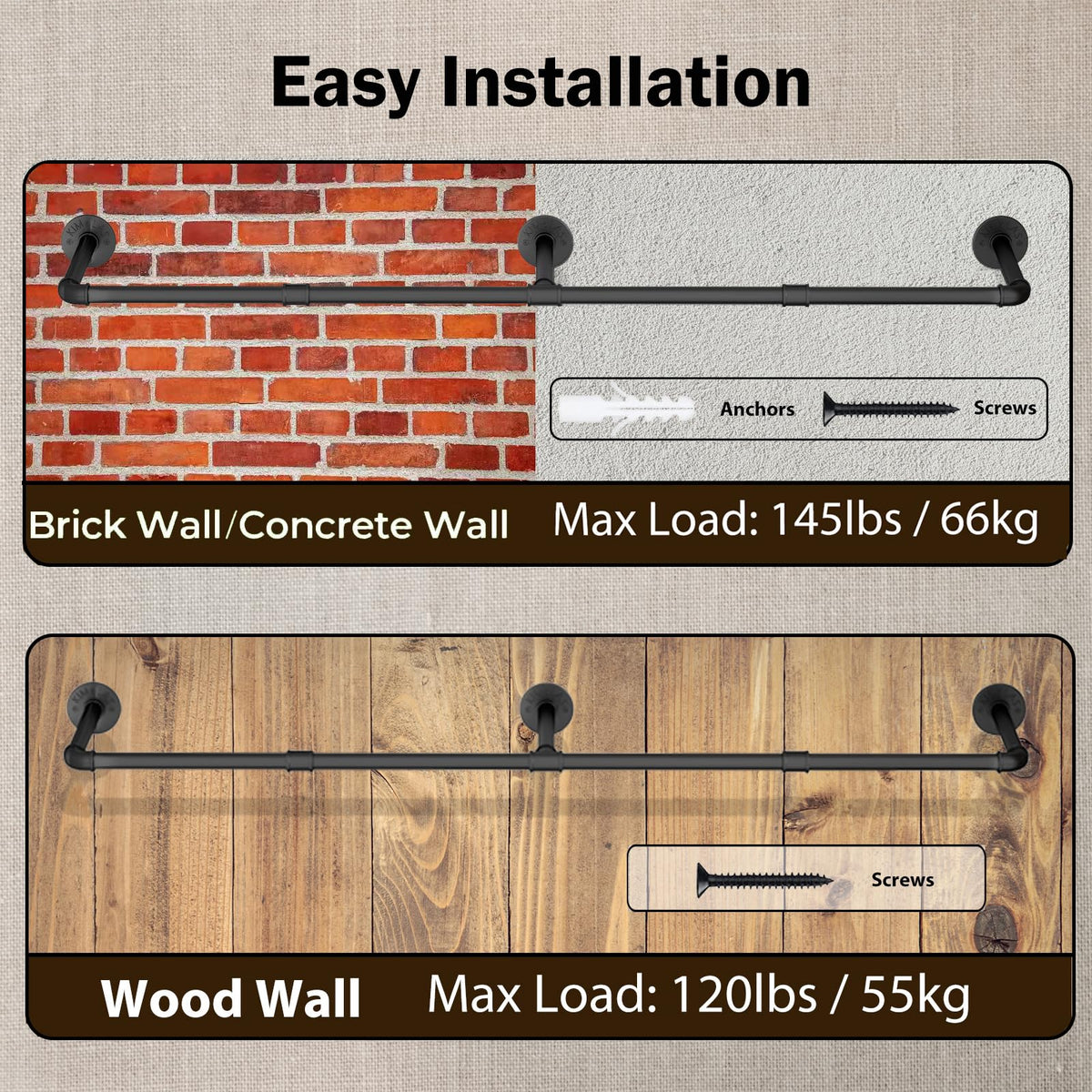 Wall Mounted Clothes Rack, 72.5in Industrial Pipe Clothing Rack for Hanging Clothes, Heavy Duty Garment Rack Wall
