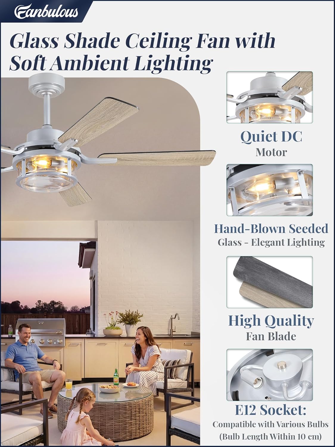 52 Inch Ceiling Fan with Light and Remote,Downrod Mount Farmhouse Ceiling Fan , Quiet 6-Speed Reversible DC Motor