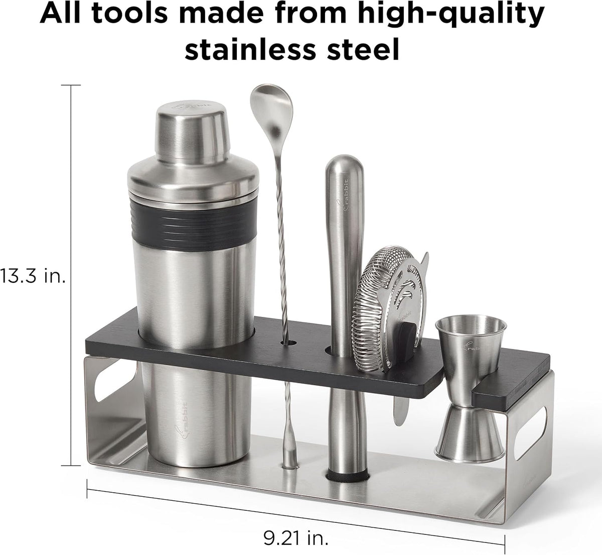 6-Piece Bar Tool Set - Stainless Steel Cocktail Shaker with Integrated Strainer, Muddler, Stir Spoon, Double Jigger - Set of 6